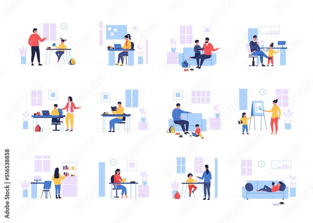 Remote lessons. Cartoon parents and children learning at home via laptop, students writing and studying. Vector online education concept with students