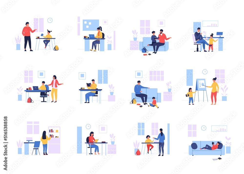 Remote lessons. Cartoon parents and children learning at home via laptop, students writing and studying. Vector online education concept with students Remote lessons. Cartoon parents and children learning at home via laptop, students writing and studying. Vector online education concept with students