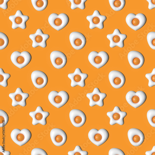 Cute cartoon style fried eggs 3D rendering seamless pattern background for food and breakfast design. 