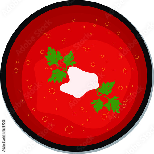 Vector isolated illustration of plate of borsch soup. Ukrainian traditional cuisine. Isolated on light background. Bowl of tasty red soup on white background