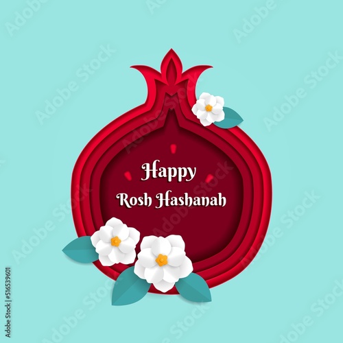 Rosh Hashanah greeting banner with symbols of Jewish New Year holiday pomegranate and paper flowers. Paper cut vector illustration template.
