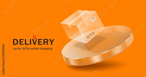 transparent glass parcel box  and  spherical transparent glass podium floating in mid-air,vector 3d isolated on orange background for delivery and transport advertising concept design