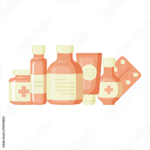 Medical bottle with label. Pill flat icon isolated on white background. Flat vector illustration.
