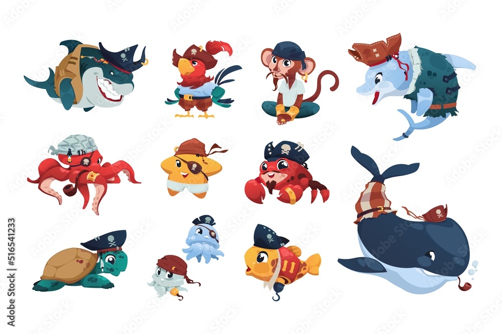 Pirate sea animals. Cartoon nautical animals wearing pirate hats and  bandanas, cute brave fish shark monkey parrot crab and turtle. Vector funny  marine characters set Stock Vector