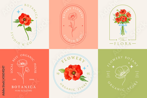 Red poppy flower pre made logo design set template