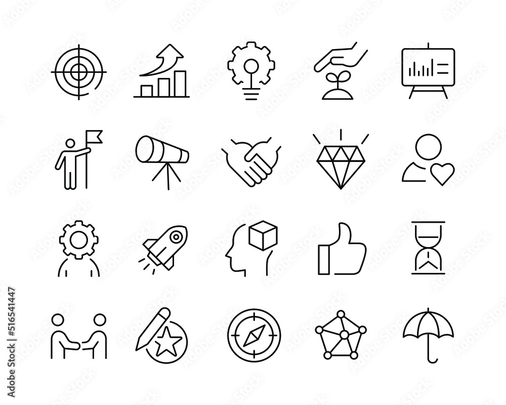 Fototapeta premium Core Values Icons - Vector Line. Editable Stroke. 