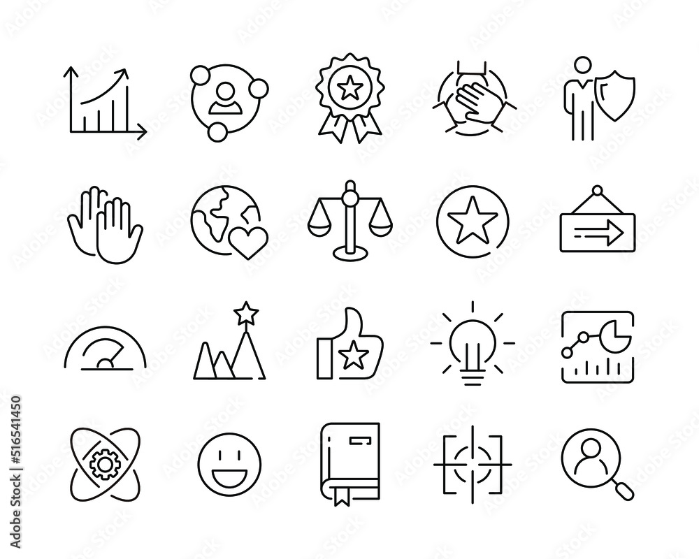 Core Values Icons - Vector Line. Editable Stroke. Core Values Icons - Vector Line. Editable Stroke.