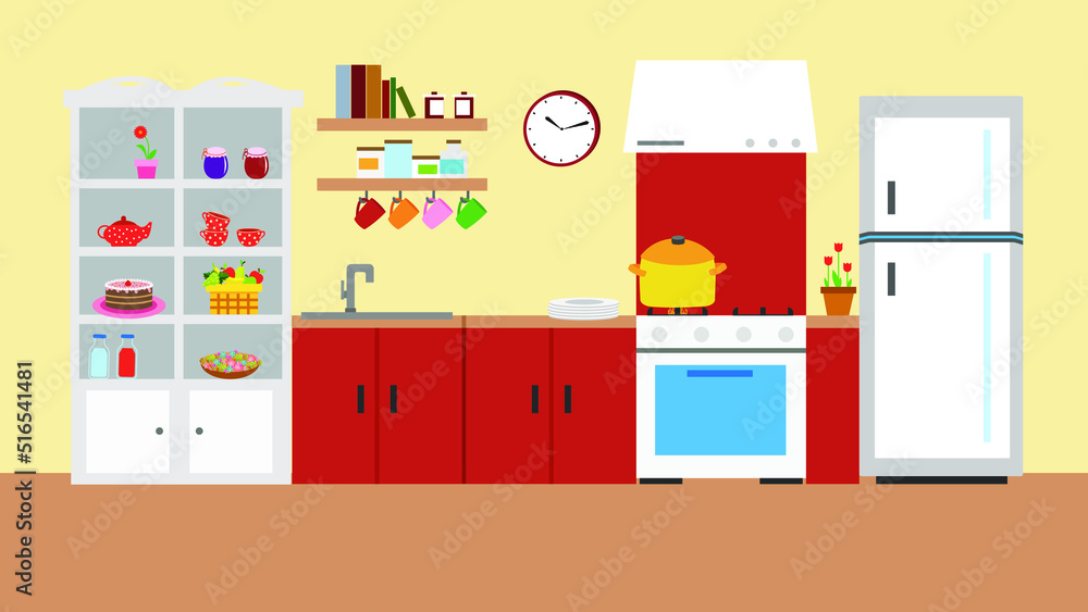 Kitchen interior, room, illustration, vector