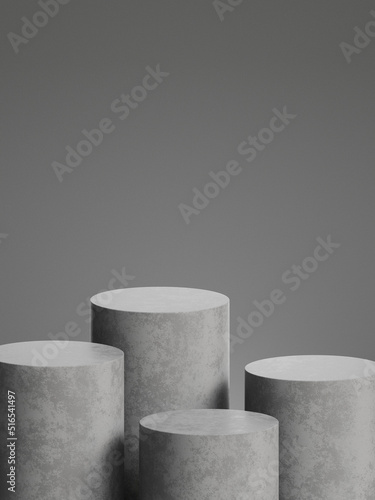 Concrete pedestal for product display with grey background. 3d rendering.