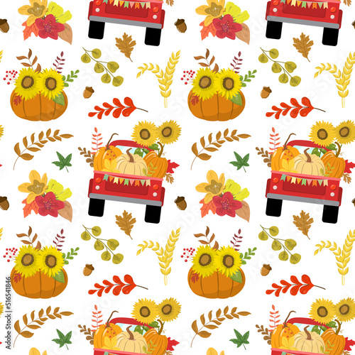 Cartoon fall red harvest truck, colorful pumpkin arrangement, sunflowers, dry forest leaves. Harvest, Thanksgiving day theme design. Isolated on white background.