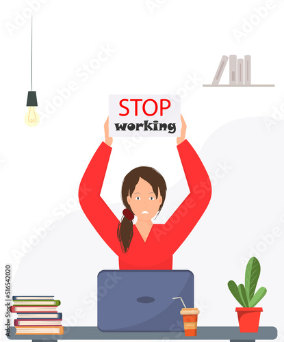 Business woman holding note with stop working words , mental health concept, work from home concept, flat vector illustration