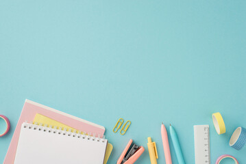 School accessories concept. Top view photo of colorful stationery stack of planners pens adhesive tape stapler ruler and clips on isolated pastel blue background with copyspace