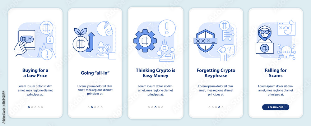 Common crypto mistakes light blue onboarding mobile app screen ...