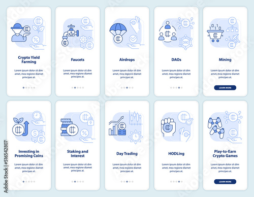 Making money on crypto light blue onboarding mobile app screen set. Walkthrough 5 steps editable graphic instructions with linear concepts. UI, UX, GUI template. Myriad Pro-Bold, Regular fonts used
