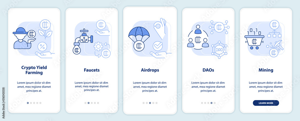 Make money on cryptocurrency light blue onboarding mobile app screen. Walkthrough 5 steps editable graphic instructions with linear concepts. UI, UX, GUI template. Myriad Pro-Bold, Regular fonts used