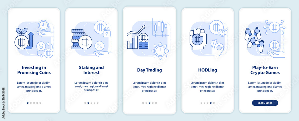 Making money on crypto light blue onboarding mobile app screen. Walkthrough 5 steps editable graphic instructions with linear concepts. UI, UX, GUI template. Myriad Pro-Bold, Regular fonts used