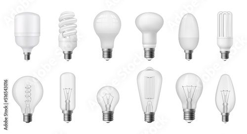 Realistic light bulb. Different types of energy efficient, fluorescent, halogen, incandescent and LED bulbs symbols, idea concept. Vector 3D isolated set