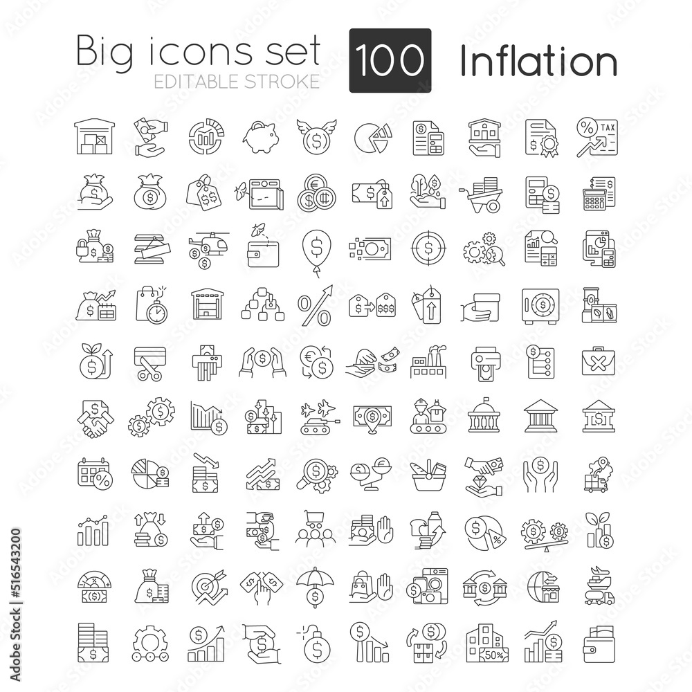 Inflation linear icons set. Increasing prices. Currency value. Economic crisis. Customizable thin line symbols. Isolated vector outline illustrations. Editable stroke. Quicksand-Light font used