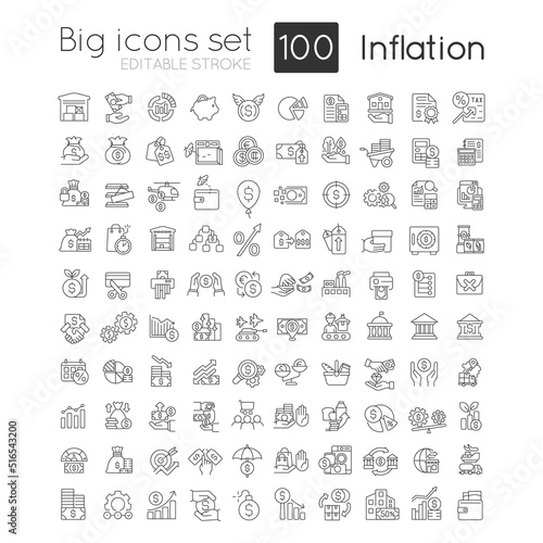 Inflation linear icons set. Increasing prices. Currency value. Economic crisis. Customizable thin line symbols. Isolated vector outline illustrations. Editable stroke. Quicksand-Light font used