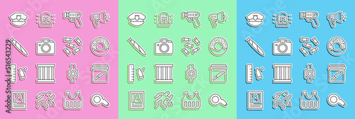 Set line Whistle, Evidence bag with knife, Donut, Police electric shocker, Photo camera, Marijuana joint, cap cockade and Bullet icon. Vector