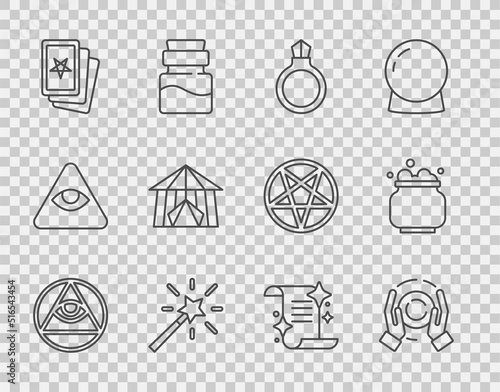 Set line Masons, Magic ball hand, stone ring with gem, wand, Three tarot cards, Circus tent, Ancient magic book and Witch cauldron icon. Vector