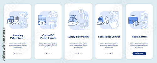 Controlling inflation light blue onboarding mobile app screen. Walkthrough 5 steps editable graphic instructions with linear concepts. UI, UX, GUI template. Myriad Pro-Bold, Regular fonts used
