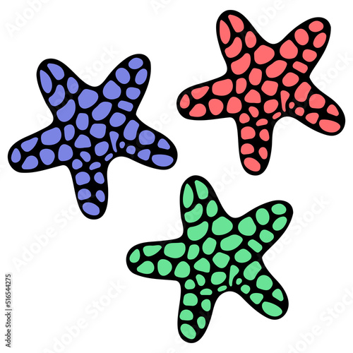 Sea stars. Ocean dwellers. Set of color vector illustrations. Marine invertebrate spotted animal. Isolated background. Cartoon style. Idea for web design.