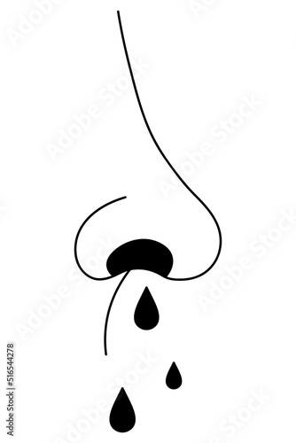 Human nose. Side view. The patient has a runny nose. Dripping drops silhouette. Vector illustration. Outline on isolated background. The man has rhinitis, he caught a cold. Medical theme.