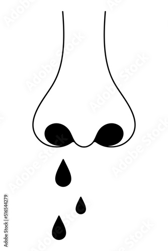 Human nose. Front view. The patient has a runny nose. Dripping drops silhouette. Vector illustration. Outline on isolated background. The man has rhinitis, he caught a cold. Medical theme. 