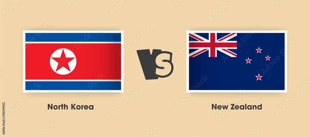 North Korea vs New Zealand flags placed side by side. Creative stylish