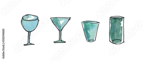 A  set of glasss  drawn by hand. Watercolor set abstract  illustration glass   doodle. The elements are isolated.
