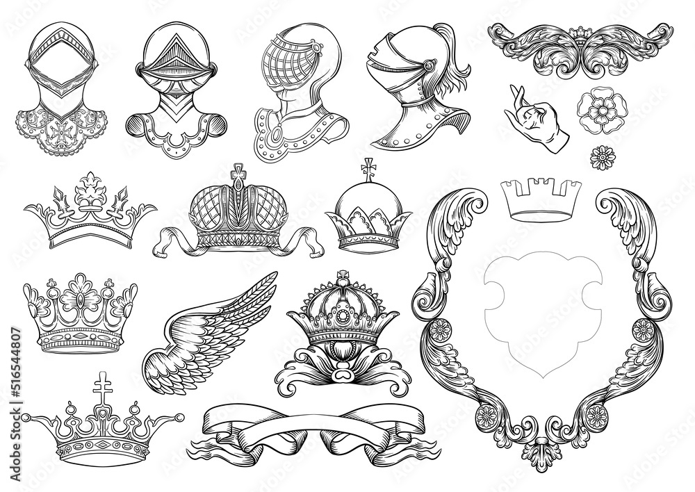 Set of crowns, knight, helmet, shield, coat of arms, ribbon, heraldry for  traditional design of coats of arms and shields. Clip art, set off elements  for design Vector illustration. Stock Vector