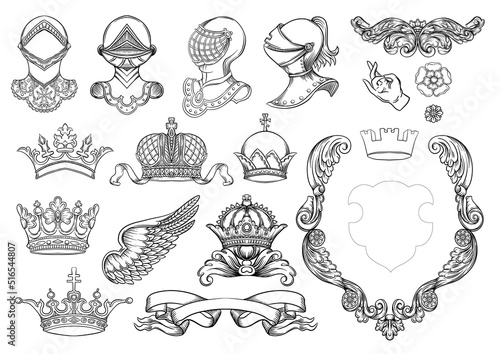 Set of crowns, knight, helmet, shield, coat of arms, ribbon, heraldry for traditional design of coats of arms and shields. Clip art, set off elements for design Vector illustration.