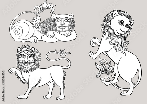 Byzantine traditional historical motifs of animals, birds, flowers and plants Clip art, set of elements for design Vector illustration.
