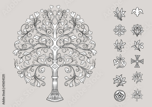 Byzantine traditional historical motifs of animals, birds, flowers and plants Clip art, set of elements for design Vector illustration.