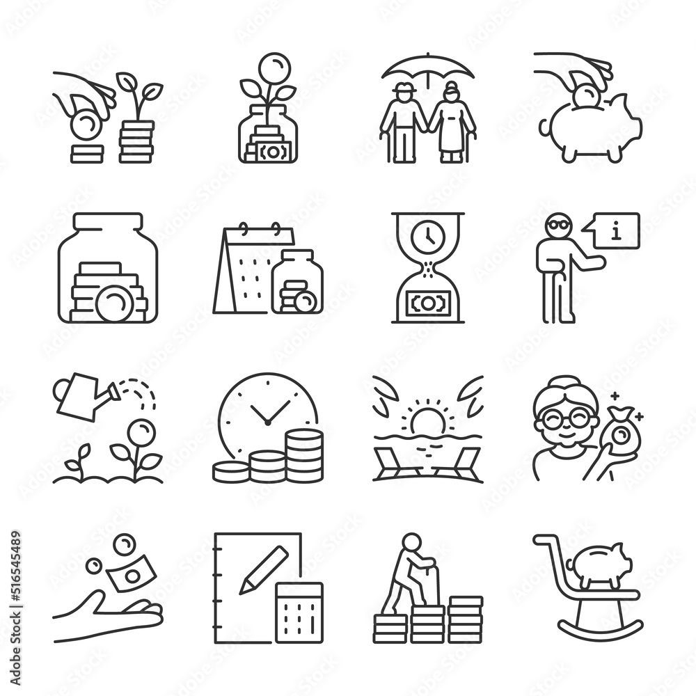 Retirement or pension icons set. Retirement Cash Savings. Old man with money, seniority pay, linear icon collection. Line with editable stroke - obrazy, fototapety, plakaty 