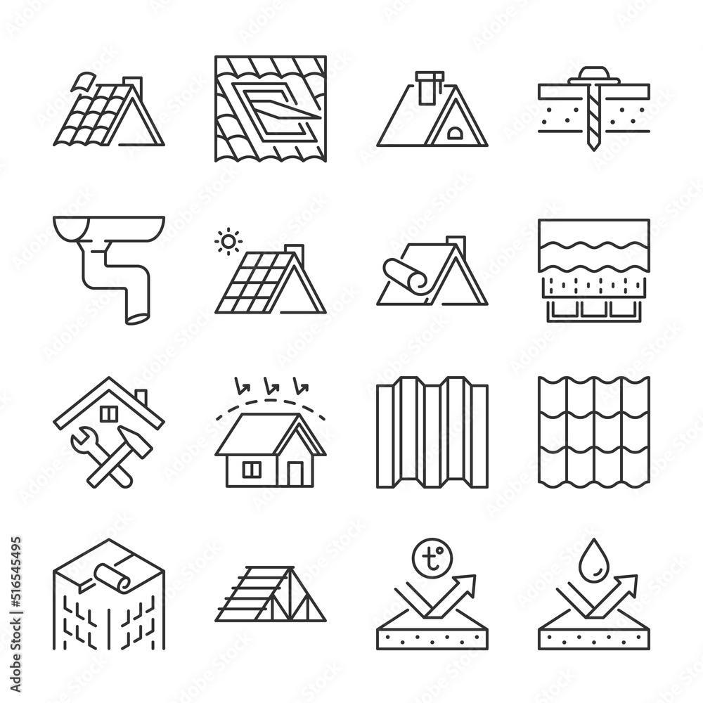 Roof icons set. Construction and roofing repair of the roof of the