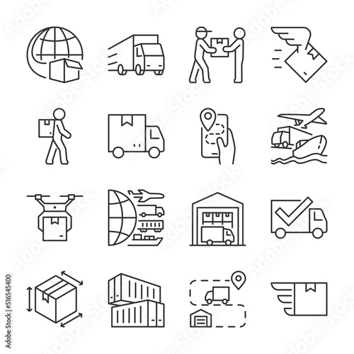Logistics, delivery, receive of parcel and cargo icons set. Shipping methods, logistics chains, courier service, linear icon collection. Line with editable stroke