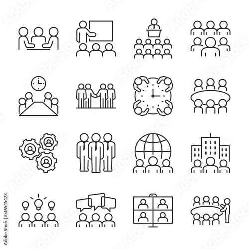 Meeting icons set. Team of employees. Employee meeting. A meeting, a board of directors, a meeting of people and a roundtable discussion, session, linear icon collection. Line with editable stroke