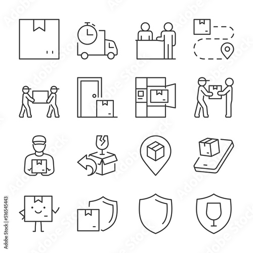Parcel delivery icons set. Delivery of goods or parcels to the customer, Delivery to the door, pickup, post office. Courier Service. The box with the parcel, linear icon. Line with editable stroke
