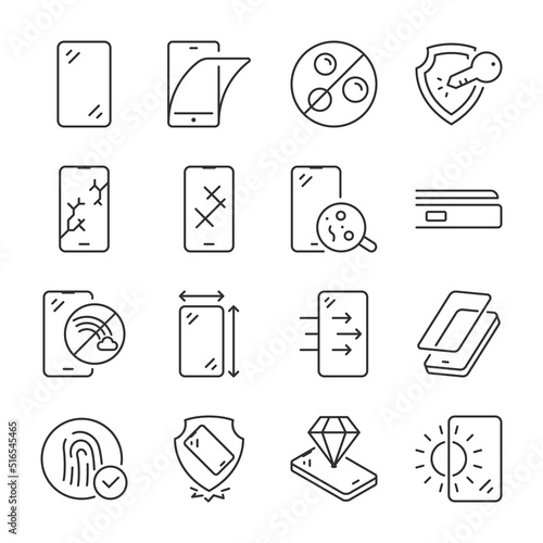 Protective glass for the screen icons set. Screen protector for smartphone, linear icon collection. Installation and properties. Line with editable stroke