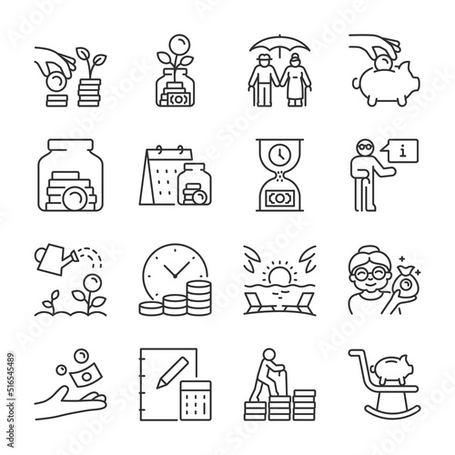 Retirement or pension icons set. Retirement Cash Savings. Old man with money, seniority pay, linear icon collection. Line with editable stroke