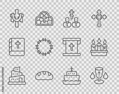 Set line Babel tower bible story, Christian chalice, Priest, Bread loaf, cross, Crown of thorns, Ark noah and Burning candle in candlestick icon. Vector