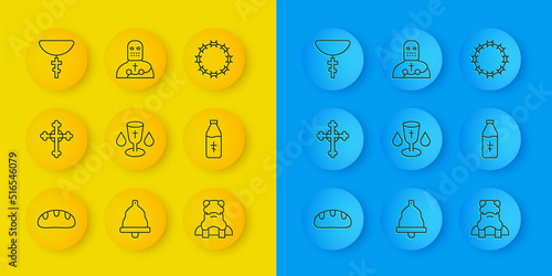 Set line Bread loaf, Christian cross, chalice, Priest, Holy water bottle, on chain, Crown of thorns and Knight crusader icon. Vector