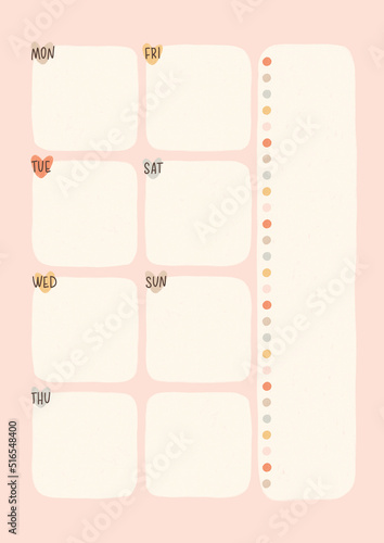 Trendy minimalist weekly template planner in pastel colors for girls. To-do list.