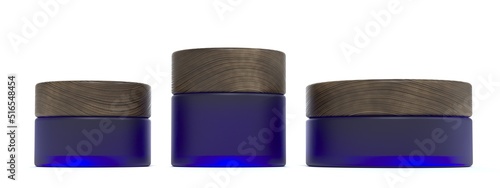 Set of three blue glass cosmetic cream jars with wooden lids, beauty and care product packaging and branding 3D render mockup
