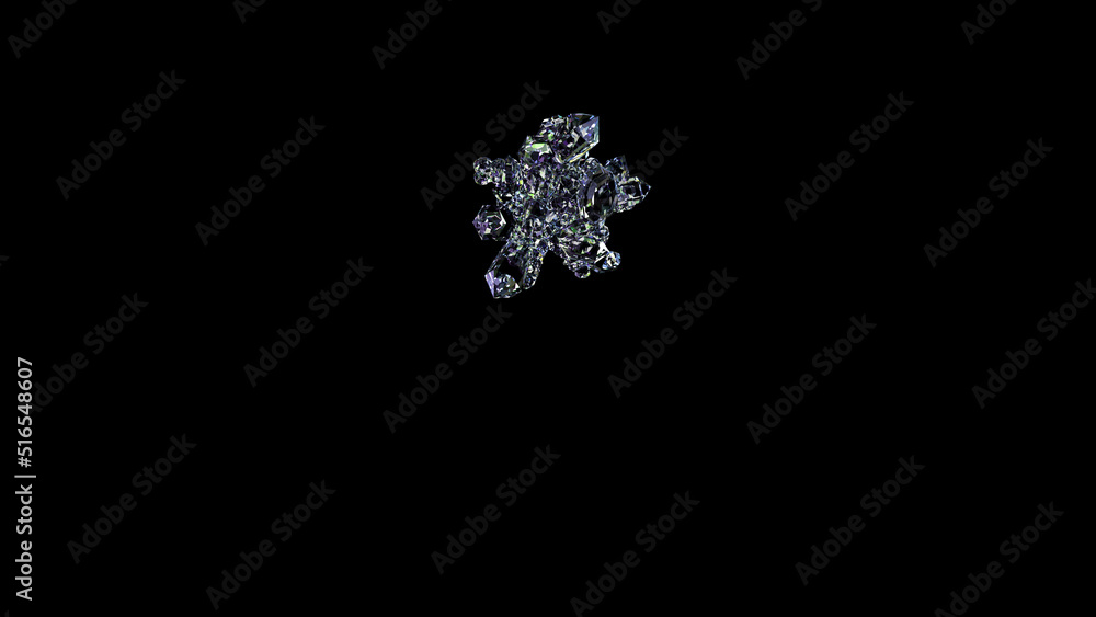 crystal shining clear brilliants asterisk on black, isolated - object 3D illustration