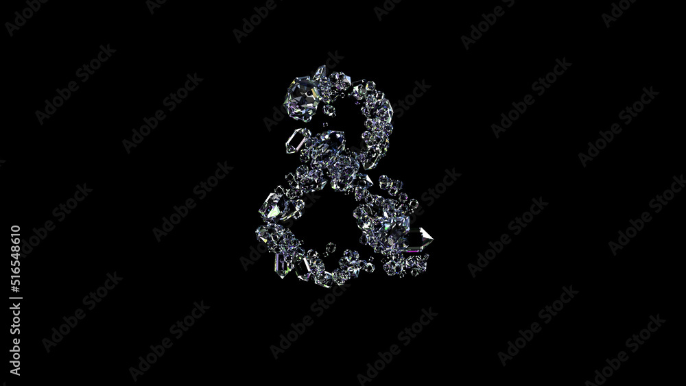 crystal shining finest brilliants ampersand on black, isolated - object 3D rendering
