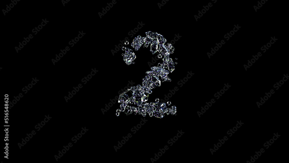 crystal glowing transparent diamonds number 2 on black, isolated - object 3D rendering crystal glowing transparent diamonds number 2 on black, isolated - object 3D rendering