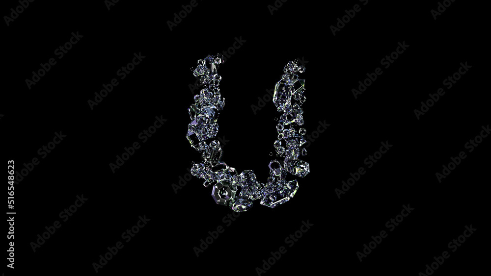 crystal glowing transparent brilliants letter U on black, isolated - object 3D illustration